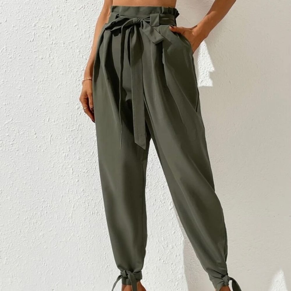 SHEIN Unity Paperbag Waist Knot Hem Belted Pants Army green size large L 8 10